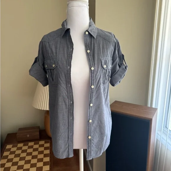Rubbish Nordstrom Gray Chambray Roll Tab Button Down Shirt XS - Picture 7 of 10